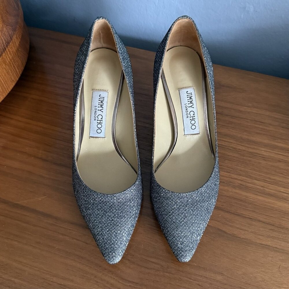 Jimmy Choo Romy 60 mm Glitter Mesh Metallic Pointy Toe Pumps Gunmetal 36
